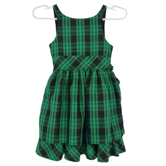 Chaps green and black plaid polyester sleeveless dress with waist tie, size 8. - Picture 1 of 9